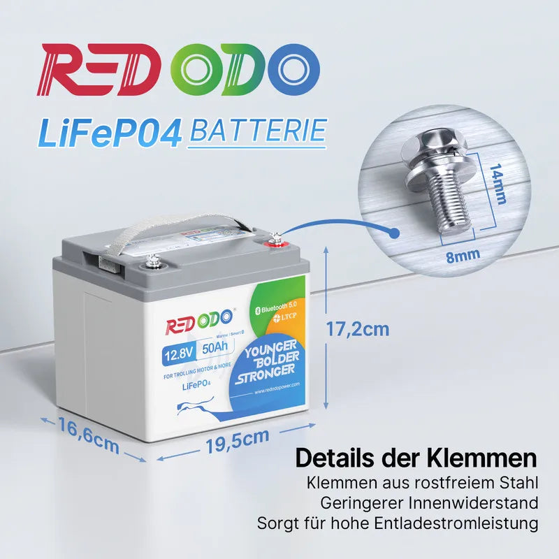 Redodo 12V 50Ah Bluetooth Lithium LiFePO4 Batterie für Bootsmotoren redodopower-de