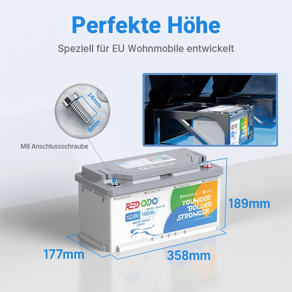 12V 100Ah H190 Untersitz Lithium Bluetooth Batterie Höhe