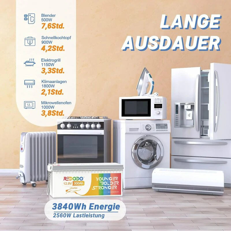 Redodo LiFePO4 12V 300Ah Tiefzyklus Lithium ionen akku | 3,84kWh & 2,56kW redodopower-de