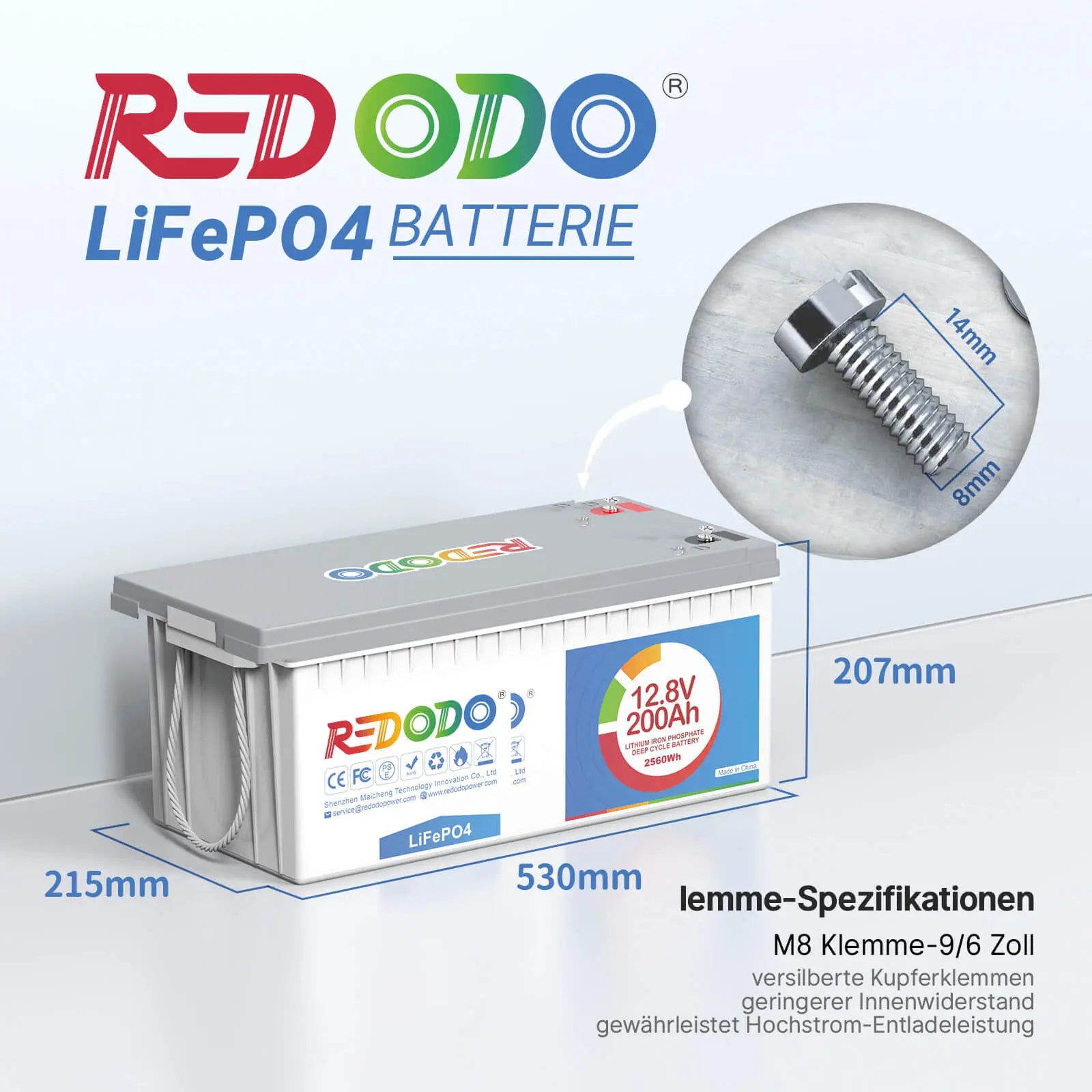 Redodo LiFePO4 12V 200Ah Wiederaufladbare Lithium